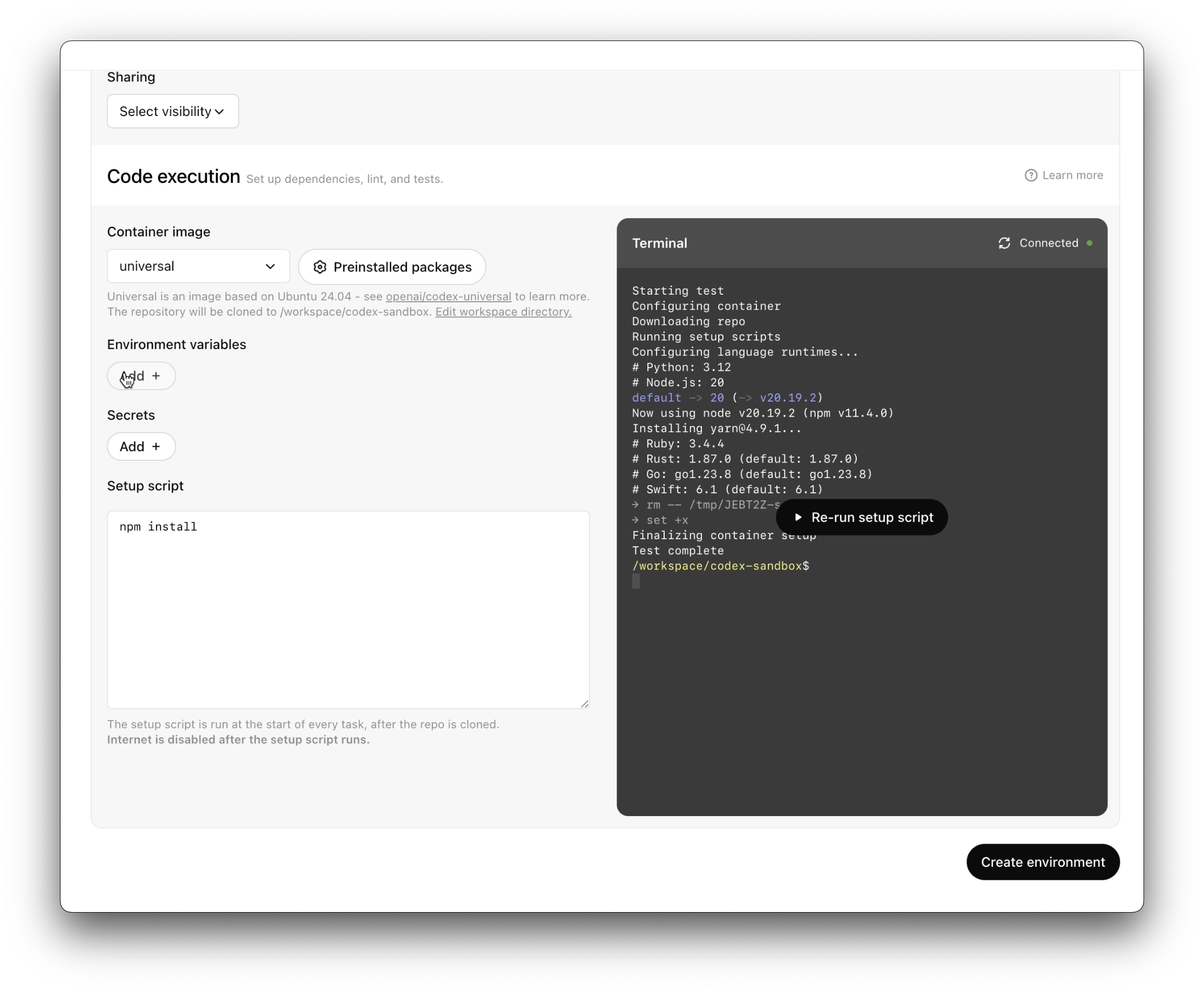 Codex cloud environment configuration with an isolated terminal