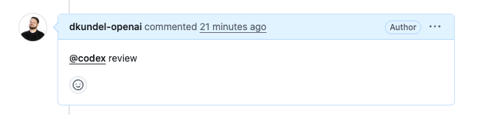 A GitHub comment triggering a Codex code review