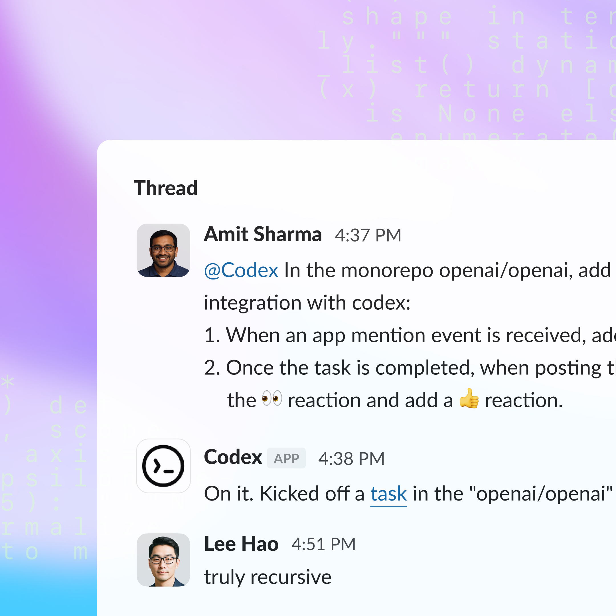 Codex being assigned work from a Slack conversation
