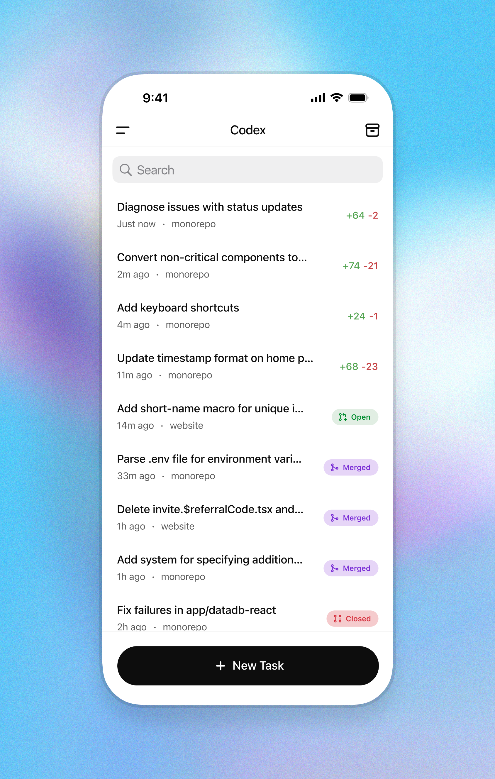 Codex task list on a phone
